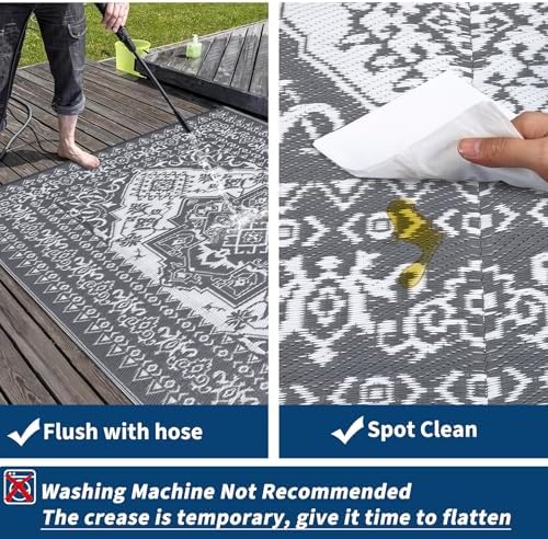 COZYLOOM Large Outdoor Rug 8x10 Patio Waterproof Reversible Mat Palm Retro Oriental Camping Rugs Indoor Outdoor Rugs Carpet Plastic Straw Rug for Deck Balcony Pool RV Camping, Grey and White - Image 5
