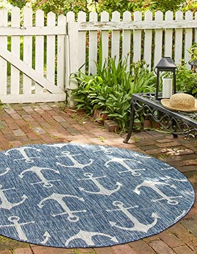 Unique Loom Outdoor Coastal Collection Area Rug - Ahoy (12' Round Blue/Ivory) - Image 2
