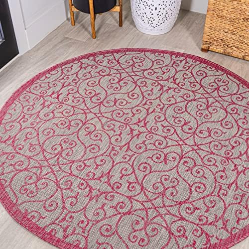 Eyely Filigree Weave Round Rug 5 Ft Lt Gray/Fuchsia, Indoor Outdoor Rug by eyely