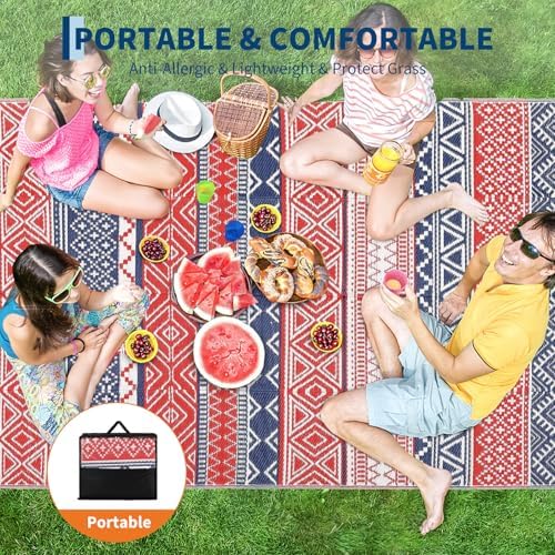 GlowSol Waterproof Outdoor Rug 10x14 Reversible Plastic Straw Patio Camping Rug with Carry Bag, Boho Large Outdoor RV Mat Rugs for Deck,Camper,Porch,Balcony,Backyard,Picnic,Beach,Red/Navy Blue - Image 6
