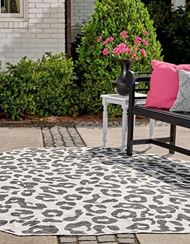 Unique Loom Outdoor Safari Collection Area Rug - Leopard (5' 3" Octagon, Light Gray/ Gray) - Image 4