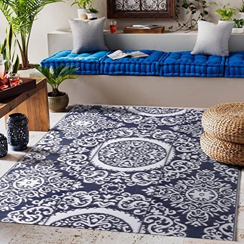 NUU GARDEN Outdoor Rug, Plastic Straw Foldable Area Rug Indoor Outdoor Carpet for Patio Decor Balcony Camping Picnic RV, 5.3ft ' x 7.3'ft, Blue and White - Image 3
