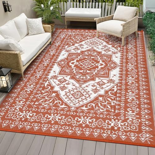COZYLOOM Large Outdoor Rug 10x20 Waterproof Reversible Mat Palm Retro Oriental Camping Rugs Indoor Outdoor Rugs Carpet Plastic Straw Rug for Patio Deck Balcony Pool RV Camping, Vintage Terracotta by COZYLOOM