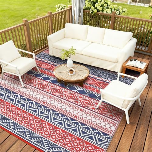 GlowSol Waterproof Outdoor Rug 10x14 Reversible Plastic Straw Patio Camping Rug with Carry Bag, Boho Large Outdoor RV Mat Rugs for Deck,Camper,Porch,Balcony,Backyard,Picnic,Beach,Red/Navy Blue - Image 2