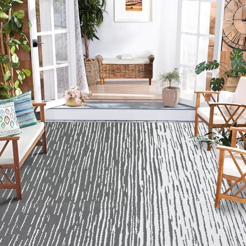 Garvee Waterproof Outdoor Rug 8x10 Neutral Striped Plastic Straw Rug, Grey - Image 7