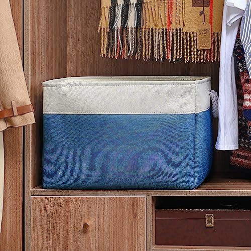 TheWarmHome Organization and Storage Basket for Shelves - Jumbo 3 Pack 20x16x14 inch Collapsible Storage Bins for Organizing, Canves Storage Cubes for Gift Organizer Toys Closet (White & Jean Blue) - Image 3