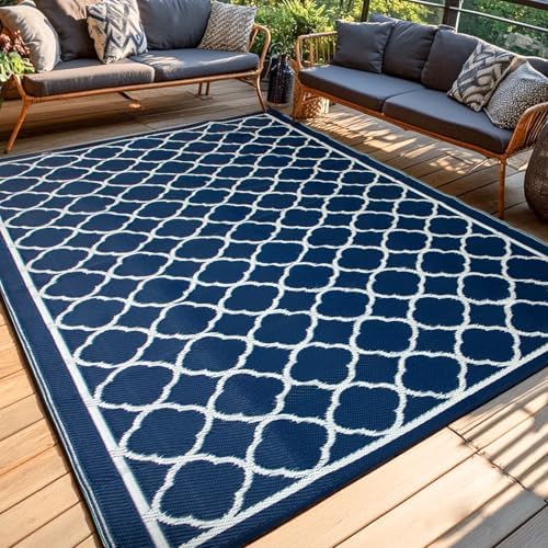 Waterproof Outdoor Rug 9x18 ft, Reversible Plastic Straw Rug, Easy to Clean Patio Rug, Portable Carpet for Patio, RV, Deck, Balcony, Backyard, Picnic, Beach, Clover, Navy Blue by PASAMIC
