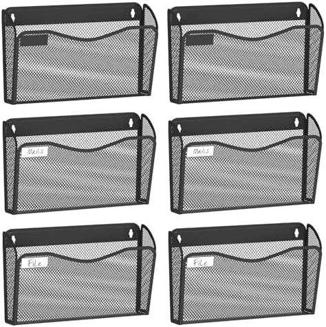 BOHDK Wall File Organizer, 6 Single Pockets Mesh Hanging File Organizer, Mount Document Magazine Rack with Labels, Hanging File Folders for Office, Home and School, Black by BOHDK
