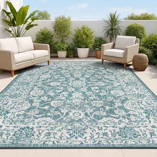 JONATHAN Y Weave Floral Indoor Outdoor Area Rug 4X6 Teal/Gray, Tela Bohemian Textured for Backyard, Patio, Porch, Easy-Cleaning, High Traffic, Pet-Friendly, Non-Shedding (SMB100C-4) by JONATHANY
