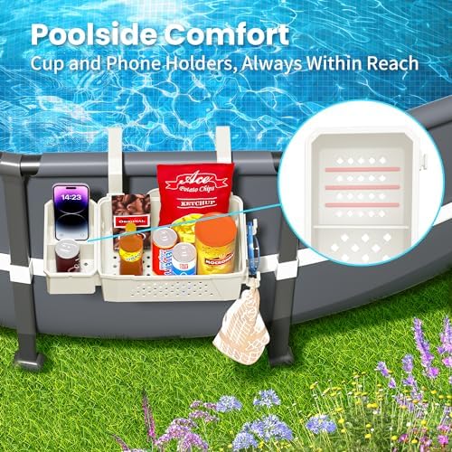 AquaJoyer 2 Sets of Poolside Storage Baskets with Cup Holders - Perfect for 3-Inch or Smaller Top Rails - Above Ground Pool Accessories - Fit for Most Above Ground Pool（Beige） - Image 6