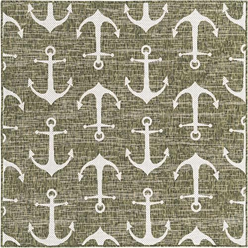 Unique Loom Outdoor Coastal Collection Area Rug - Ahoy (5' 3" Square, Green/ Ivory) - Image 3