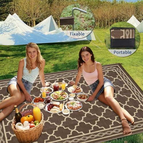 Waterproof 9'x 12' Outdoor Rug for Patio,Reversible Outdoor Plastic Straw Rugs for Camping Porch RV, UV-Resistant Area Rug Mat for Camper,Outside Rug for RV Deck Picnic Beach Balcony,Brown/Coffee - Image 7