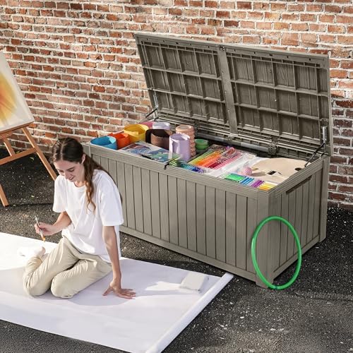 DWVO 180 Gallon XL Deck Box with Divider & Lockable Lid, Waterproof Resin Outdoor Storage for Patio, Garden, Poolside, Cushions, Supplies & Sports Gear, Light Brown - Image 2