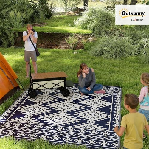 Outsunny Outdoor Rug for Patio Waterproof 9' x 12' Blue & White Rhombus - Image 2