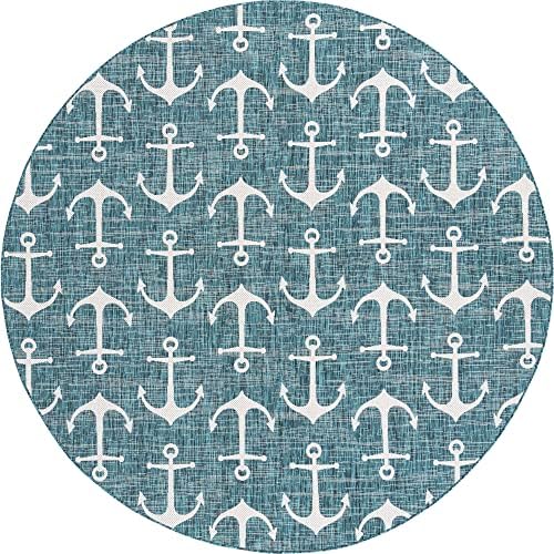 Unique Loom Outdoor Coastal Collection Area Rug - Ahoy (10' Round, Teal/ Ivory) - Image 3
