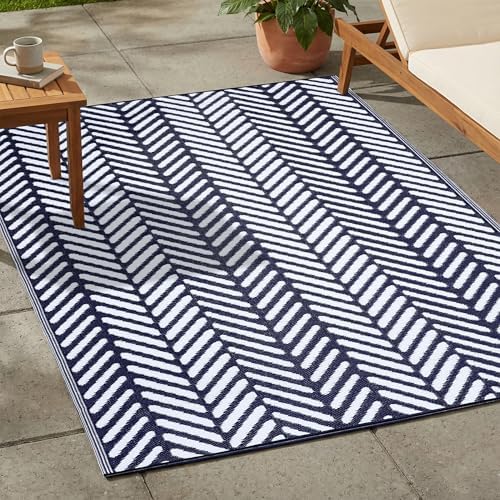 FH Home Outdoor Rug - Waterproof, Fade Resistant, Reversible - Premium Recycled Plastic - Herringbone - Patio, Porch, Deck, Balcony - Fresno - Navy Crease Free - 5 x 8 ft by FHHome