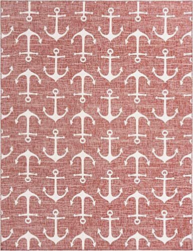 Unique Loom Outdoor Coastal Collection Area Rug - Ahoy (9' x 12' 2" Rectangle, Rust Red/ Ivory) - Image 3