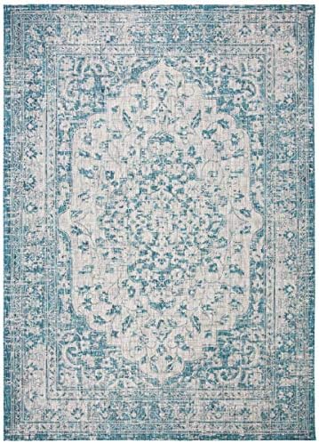 SAFAVIEH Washable Rug Outdoor Courtyard Collection - 8' x 11', Teal & Cream, Non-Shedding & Easy Cleaning, Ideal for Patio, Backyard, Mudroom (CY8720-372) - Image 2