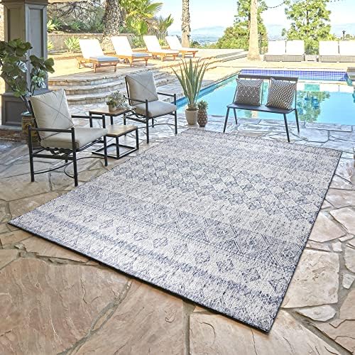 Gertmenian Indoor Outdoor Area Rug, Classic Flatweave, Moroccan Collection II, Stain & UV Resistant Carpet, Deck, Patio & Mudroom, 5x7 Standard, Vintage Blue Distressed Classic Tribal, 19498 - Image 2