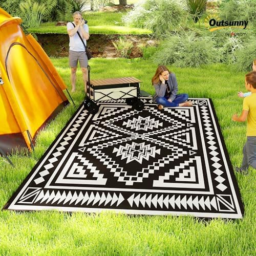 Outsunny Outdoor Rug for Patio Waterproof 9' x 18' Black & Gray Square - Image 3