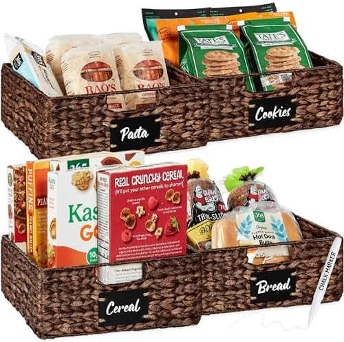 Best Choice Products Set of 4 13x12in Water Hyacinth Pantry Baskets, Woven Organizers w/Chalkboard Label, Chalk Marker - Brown by BestChoiceProducts