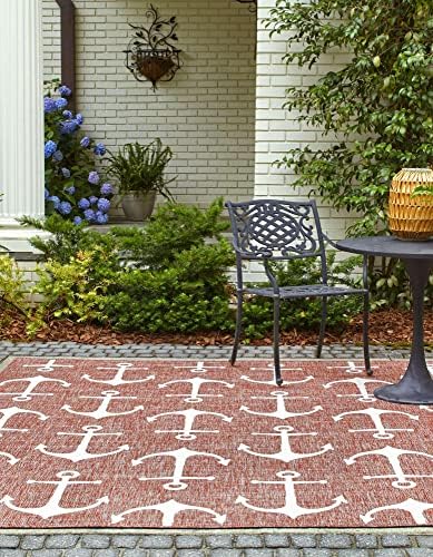 Unique Loom Outdoor Coastal Collection Area Rug - Ahoy (7' 10" Square, Rust Red/ Ivory) - Image 4