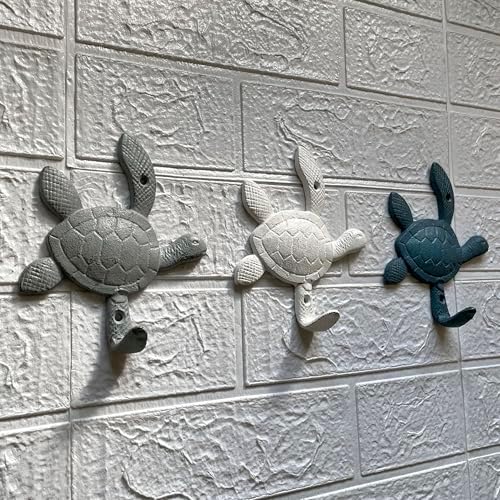 Zeckos Set of 3 Sea Turtle Wall Hooks, 5.75 Inch Blue Gray White Cast Iron - Image 4