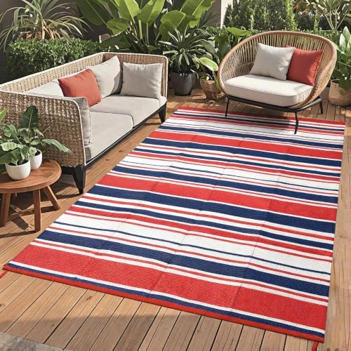 Garvee 10x14 Modern Lines Outdoor Large Rug Colorful Striped Red Navy Rug by Garvee