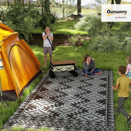Outsunny Outdoor Rug for Patio Waterproof 9' x 18' Black & Gray Rhombus - Image 2