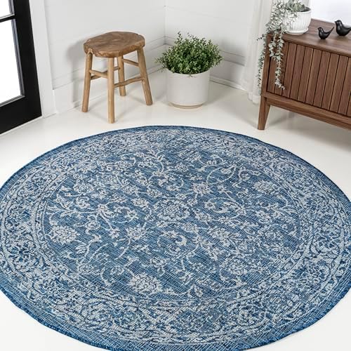 JONATHAN Y Weave Floral Indoor Outdoor Round Area Rug 8 Ft Navy/Gray, Tela Bohemian Textured for Backyard, Patio, Porch, Easy-Cleaning, High Traffic, Pet-Friendly, Non-Shedding (SMB100B-8R) - Image 4