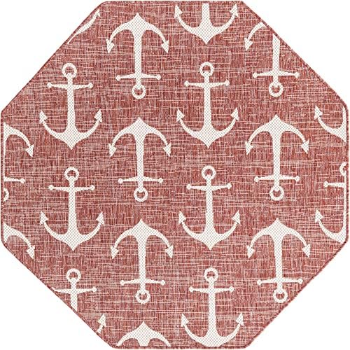 Unique Loom Outdoor Coastal Collection Area Rug - Ahoy (5' 3" Octagon, Rust Red/ Ivory) - Image 3