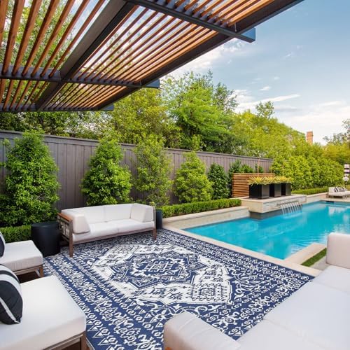 COZYLOOM Outdoor Rug for Patio Clearance,9'x18' Waterproof Mat,Reversible Plastic Camping Rugs with 4 Stakes, Medallion Vintage Large Carpet for Rv, Porch,Deck,Camper,Balcony,Backyard, Navy & White - Image 6