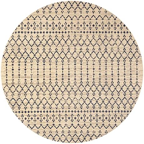 Eyely Moroccan Textured Weave Round Rug 5 Ft Beige/Navy, Indoor Outdoor Rug - Image 2