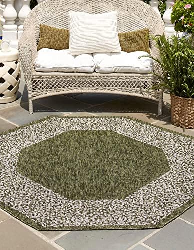 Unique Loom Outdoor Border Collection Area Rug - Floral Border (5' 3" Octagon, Green/ Ivory) - Image 3