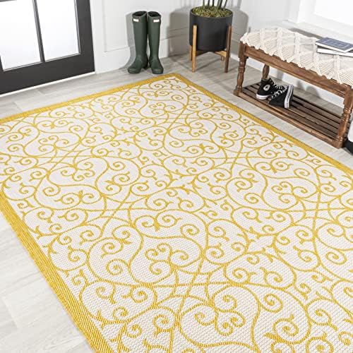 Eyely Filigree Textured Weave Area Rug 5X8 Cream/Yellow, Indoor Outdoor Rug - Image 5