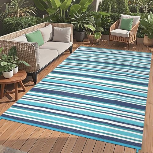 GAOMON 8x10 Large Outdoor Rug Waterproof for Patio Plastic Straw Rug Geometric Striped Outdoor Area Rug Modern Lines Outside Carpet for Deck Backyard Balcony, Dark Blue/Bright Blue/Light Blue/White - Image 2
