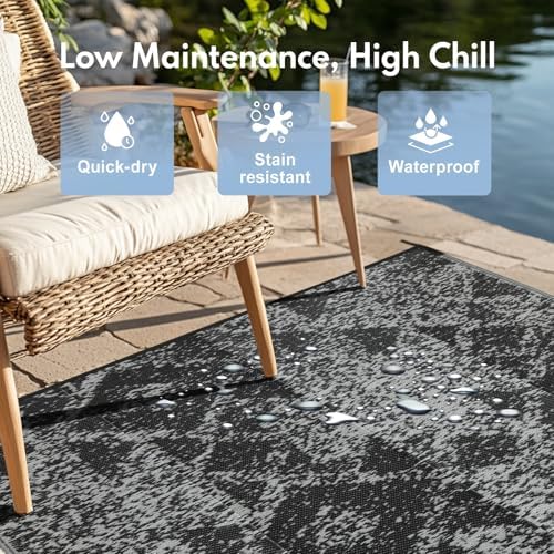 PASAMIC 8x10ft Outdoor Rug Waterproof, Reversible Plastic Straw Outdoor Patio Rug Clearance, Portable Indoor Outdoor Carpet for Patio, RV, Deck, Balcony, Backyard, Picnic, Beach, Mosaic Gray - Image 3