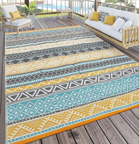 GlowSol Outdoor Rugs 9x18 Waterproof Portable Camping Carpet, Reversible Outdoor Plastic Straw Rug for Patio, RV Mat Bohemian Outdoor Rugs for Porch, Deck, Backyard, Balcony, Picnic,Yellow/Teal by GLOWSOL