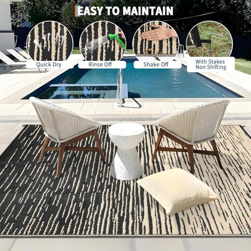 Garvee Waterproof Patio Rug 8x10 Modern Outdoor Camping Rug, Black Coffee - Image 4