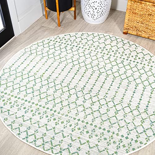 Eyely Moroccan Woven Round Rug 5 Ft Green/Ivory, Indoor Outdoor Rug by eyely
