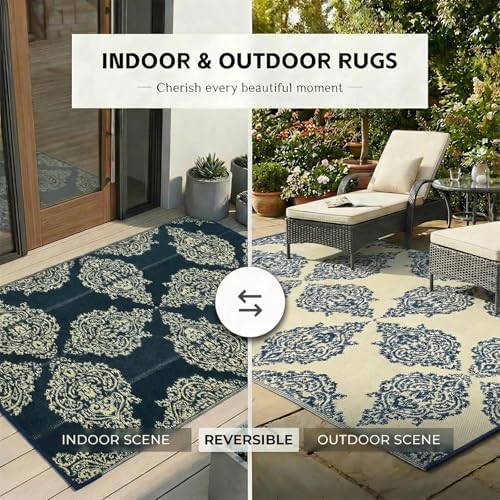wikiwiki Outdoor Rug, 9x12ft Waterproof Reversible Mat Indoor Outdoor Rugs Carpet, Small Area Rug Plastic Straw Rug for Patio Deck Balcony Pool RV Camping Beach Picnic, Blue & Beige, Rugscape Series - Image 5