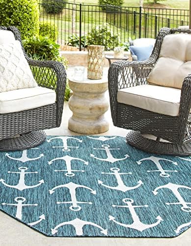 Unique Loom Outdoor Coastal Collection Area Rug - Ahoy (5' 3" Octagon, Teal/ Ivory) by UniqueLoom