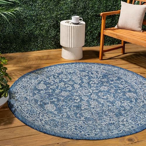 JONATHAN Y Weave Floral Indoor Outdoor Round Area Rug 5 Ft Navy/Gray, Tela Bohemian Textured for Backyard, Patio, Porch, Easy-Cleaning, High Traffic, Pet-Friendly, Non-Shedding (SMB100B-5R) by JONATHANY