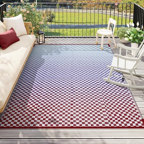Wonnitar 8x10 Waterproof Outdoor Rug - Blue Purple Ombre Checkered Patio Rugs, Lightweight Reversible Mat for Deck Porch RV Picnic, Large Camping Carpet with Colorful Grid Design by Wonnitar