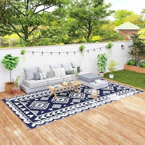Outsunny Outdoor Rug for Patio Waterproof 9' x 18' Blue & White Rhombus by Outsunny