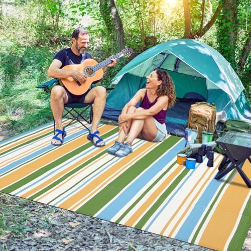 GAOMON 9x12 Large Outdoor Rug Waterproof for Patio Plastic Straw Rug Geometric Stripe Indoor Outdoor Area Rug Modern Lines Outdsid Camping Rugs for Backyard Balcony Trailer, Yellow Blue Green White - Image 3