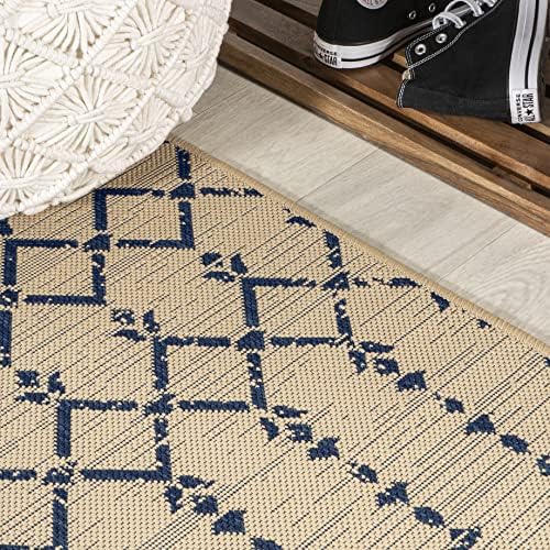 Eyely Moroccan Textured Weave Square Rug 5X5 Beige/Navy, Indoor Outdoor Rug - Image 7