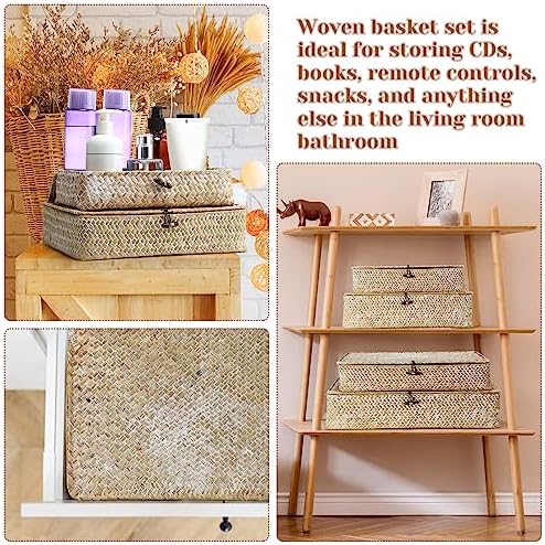 Didaey Set of 4 Seagrass Basket with Lid Wicker Storage Basket Decorative Storage Boxes with Lids Flat Storage Bins Woven Organizer Baskets for Shelf Closet Bedroom, 4 Sizes (White) - Image 6