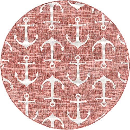 Unique Loom Outdoor Coastal Collection Area Rug - Ahoy (5' 3" Round, Rust Red/ Ivory) - Image 3