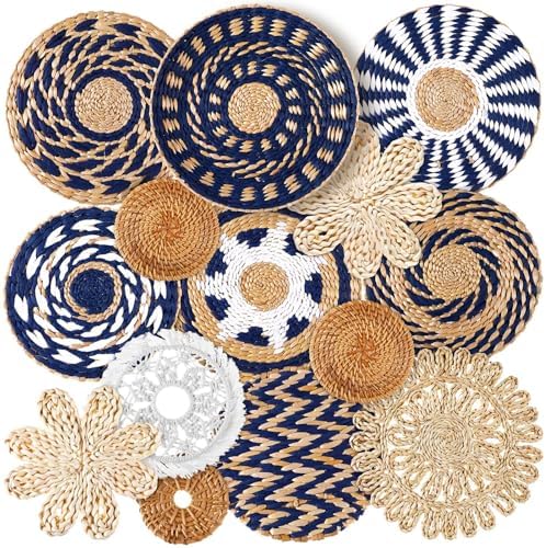 Xuhal 15 Pcs Boho Wall Basket Decor Handcrafted Seagrass Woven Wall Basket Rustic Round Woven Hanging Art for Home Farmhouse Kitchen Table Living Room(Blue Classic Style) by Xuhal